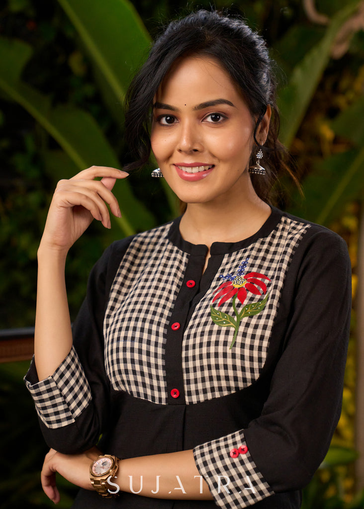 Quirky Black Cotton Kurta with Floral Painting on Checkered Yoke - Pant Optional