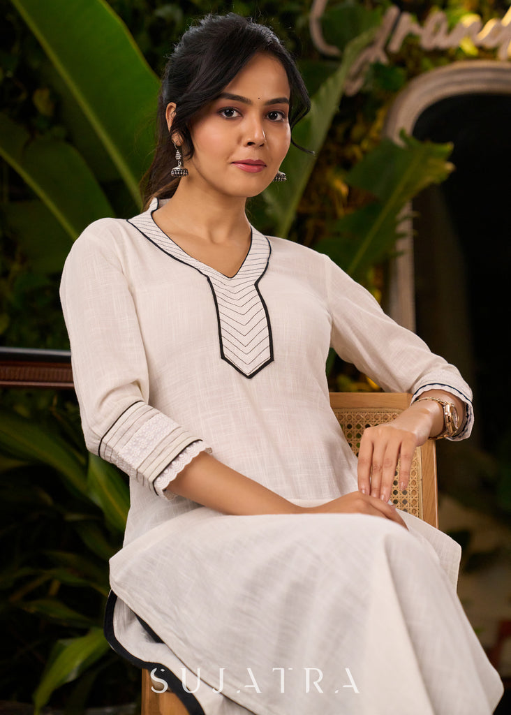 Classy White Cotton Kurta with Thread Works on Yoke & Sleeves - Pant Optional