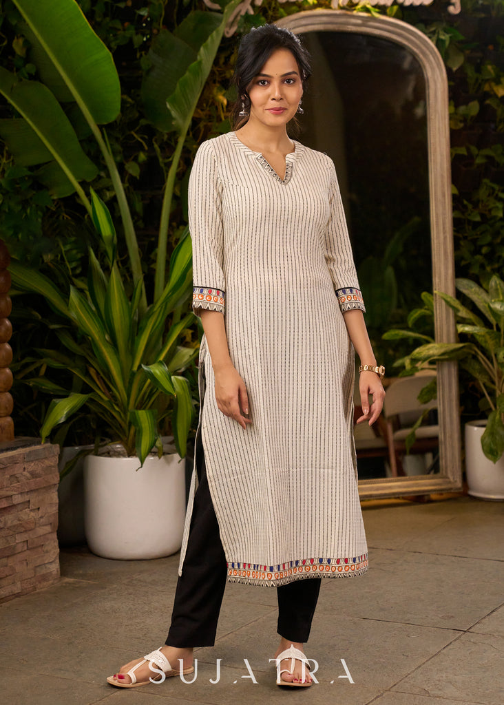 Classy White Cotton Kurta with Thread Works on Yoke & Sleeves - Pant Optional