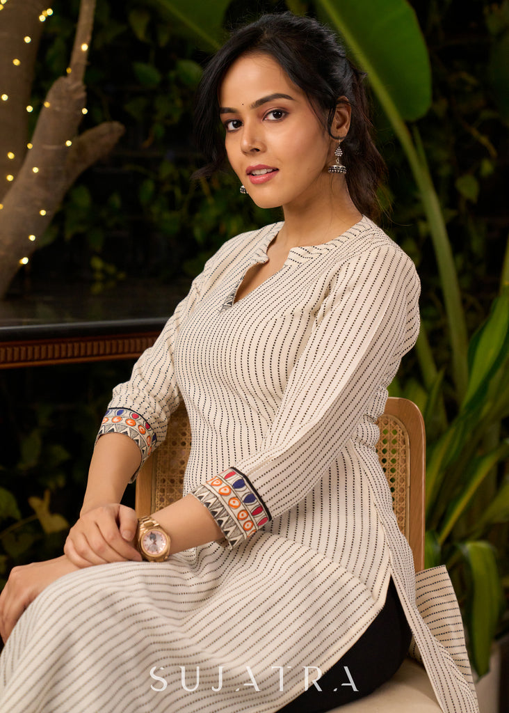 Elegant Off-White Cotton Kurta with Madhubani Painted Borders on Hem Sleeves & Neckline - Pant Optional