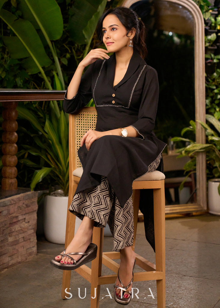 Black Cotton Kurta with Embroidery on The Yoke & Sleeves - Pant Optional