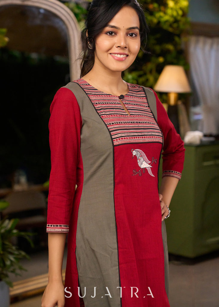 Stylish Maroon & Grey Princess Cut Kurta with Printed Yoke & Hand Painted Bird Motif in Front - Pant Optional