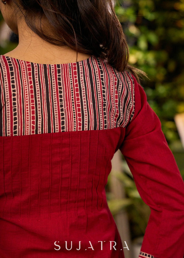 Stylish Maroon & Grey Princess Cut Kurta with Printed Yoke & Hand Painted Bird Motif in Front - Pant Optional