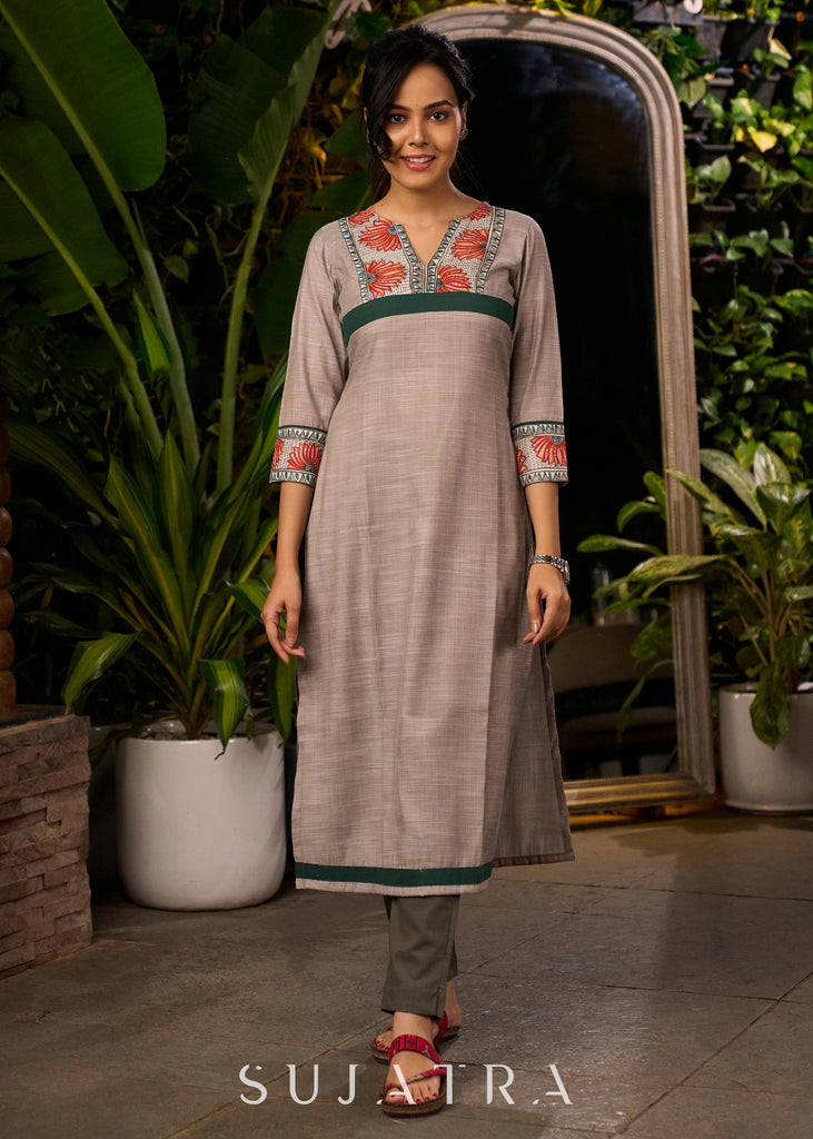 Evergreen Beige Kurta with Madhubani Yoke - Pant Optional