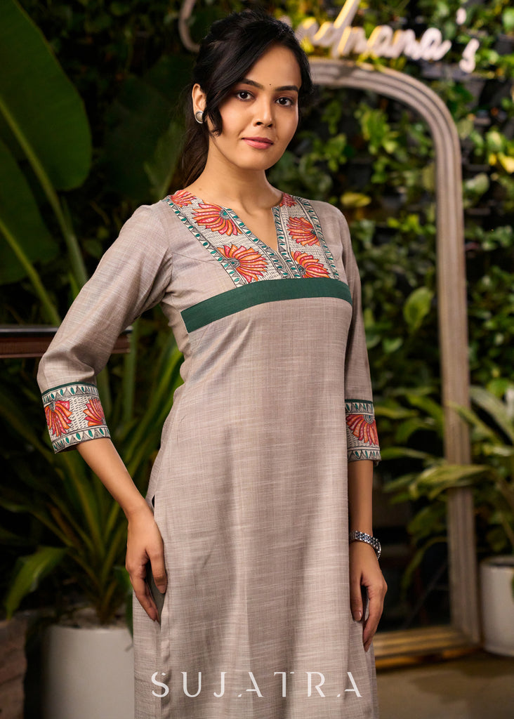 Evergreen Beige Kurta with Madhubani Yoke - Pant Optional