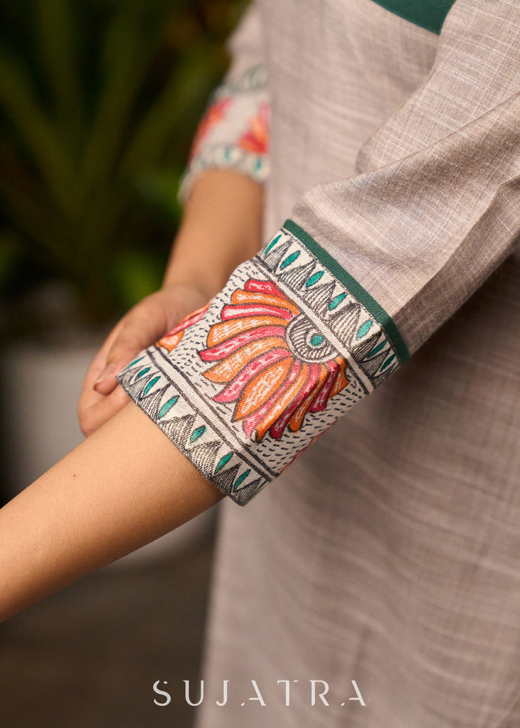 Evergreen Beige Kurta with Madhubani Yoke - Pant Optional