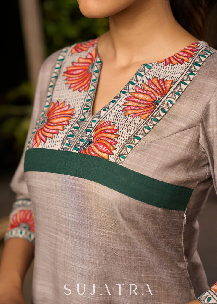 Evergreen Beige Kurta with Madhubani Yoke - Pant Optional