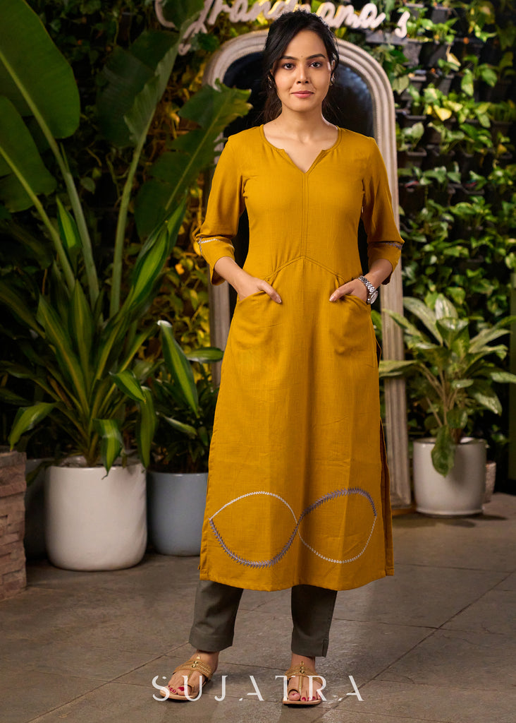 Mustard Yellow Cotton Kurta with Embroidery & Front Pockets with Contrasting Pant - Stole Optional