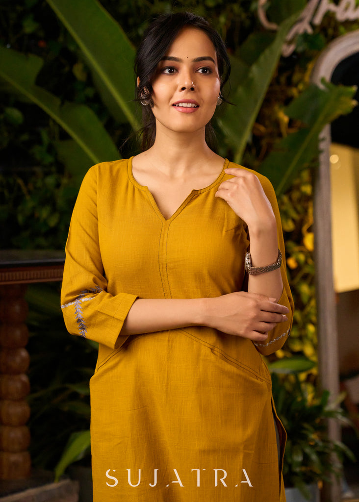 Mustard Yellow Cotton Kurta with Embroidery & Front Pockets with Contrasting Pant - Stole Optional