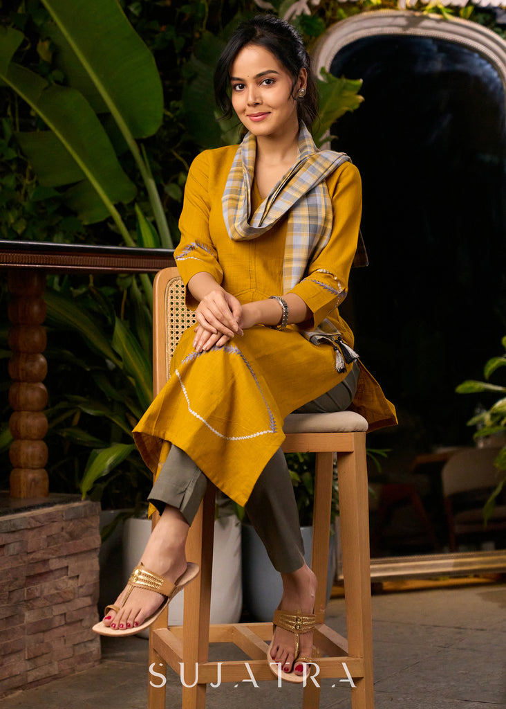 Mustard Yellow Cotton Kurta with Embroidery & Front Pockets with Contrasting Pant - Stole Optional