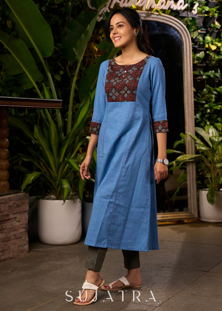 Elegant Powder Blue A Line Kurta with Ajrakh Yoke - Pant Optional