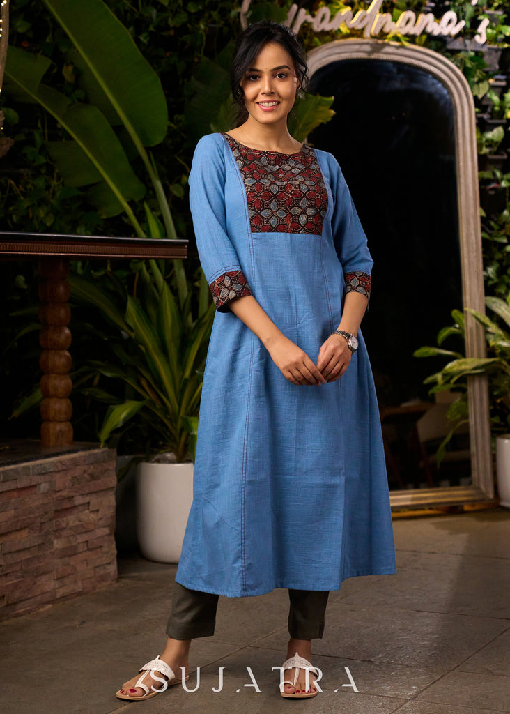 Elegant Powder Blue A Line Kurta with Ajrakh Yoke - Pant Optional