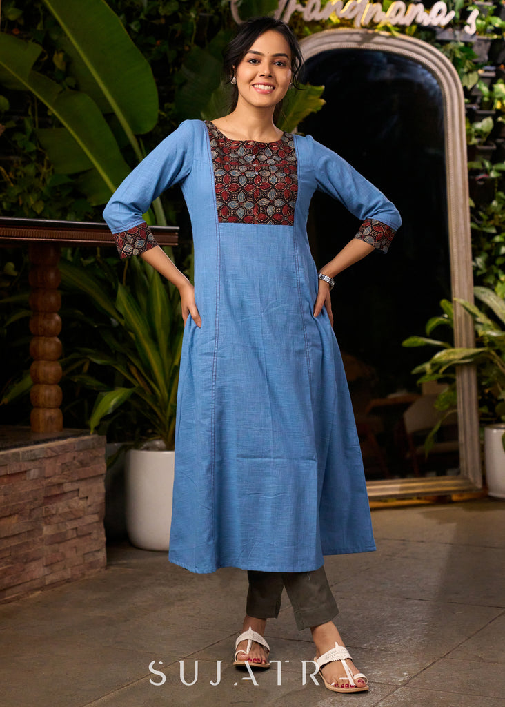 Elegant Powder Blue A Line Kurta with Ajrakh Yoke - Pant Optional