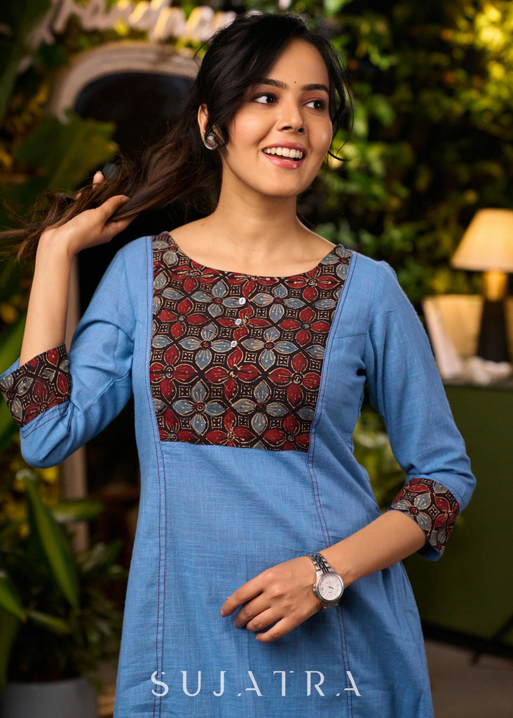 Elegant Powder Blue A Line Kurta with Ajrakh Yoke - Pant Optional