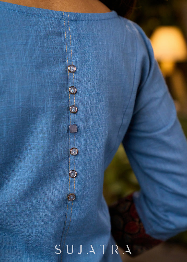 Elegant Powder Blue A Line Kurta with Ajrakh Yoke - Pant Optional