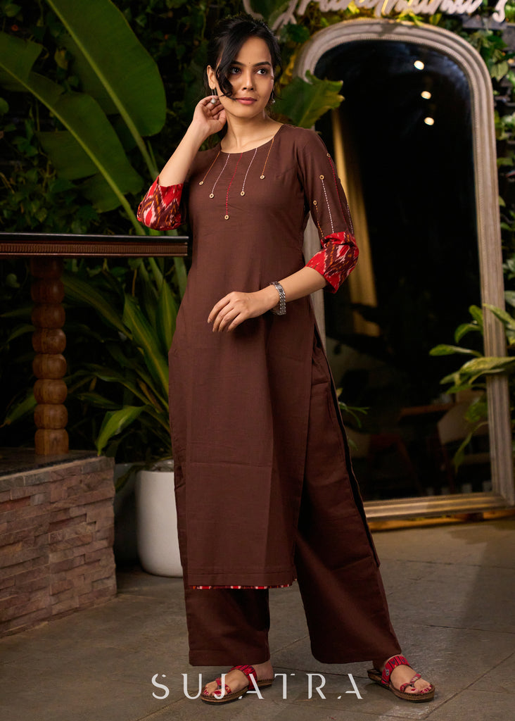 Dark Brown Cotton Kurta with Thread Work Embroidery & Statement Buttons - Pant Optional