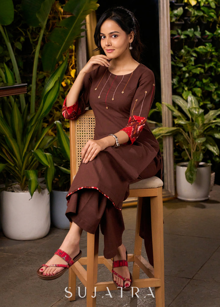 Dark Brown Cotton Kurta with Thread Work Embroidery & Statement Buttons - Pant Optional