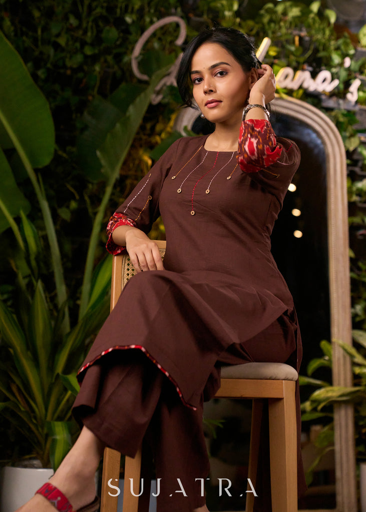 Dark Brown Cotton Kurta with Thread Work Embroidery & Statement Buttons - Pant Optional