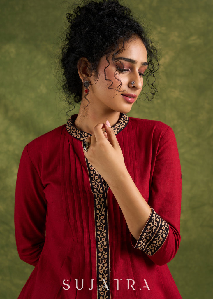 Elegant Maroon Cotton Ajrakh Pleated Top - Pant Optional