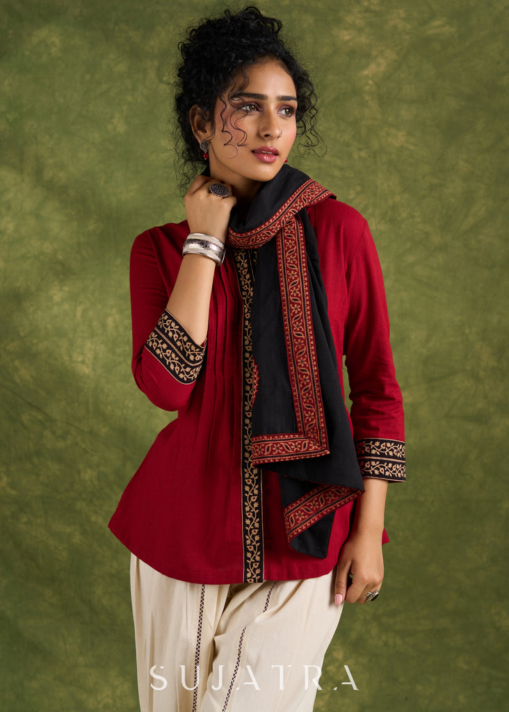 Elegant Maroon Cotton Ajrakh Pleated Top - Pant Optional