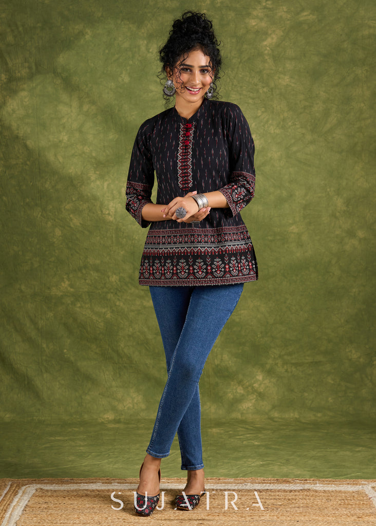 Black Cotton Ikat Top With Vibrant Border