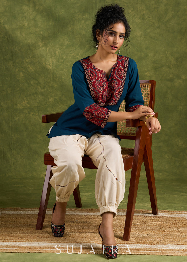 Trendy Teal Cotton Ajrakh Combination Top - Pant Optional