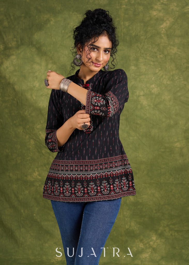 Black Cotton Ikat Top With Vibrant Border