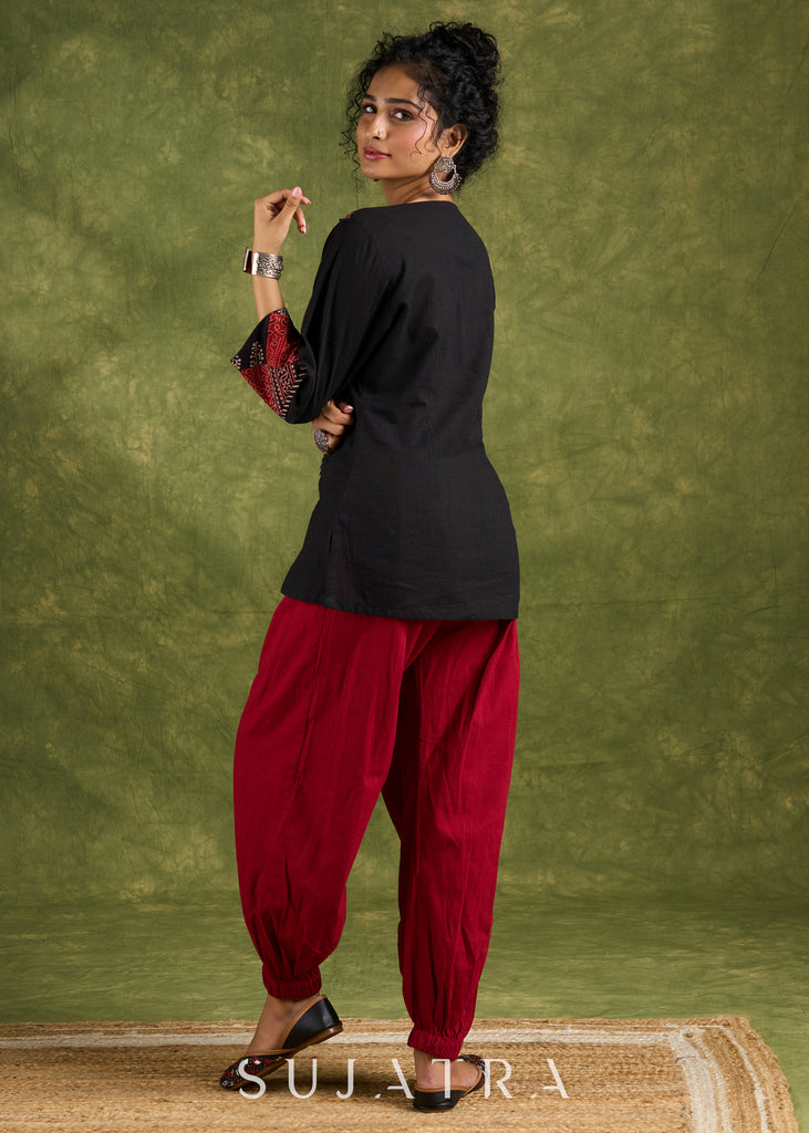 Exclusive Black Cotton Ajrak Patch Work Top - Pant Optional