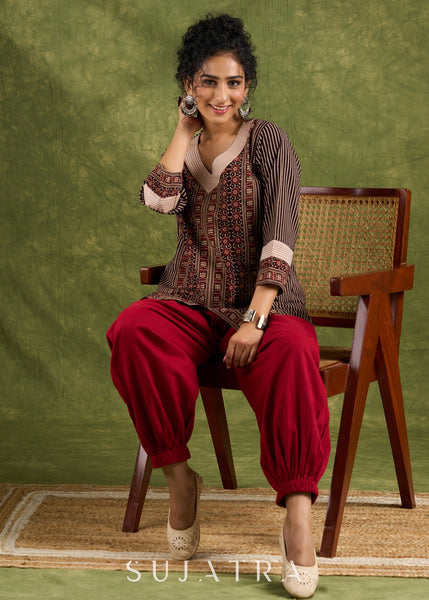 Beautiful Black Ajrakh Cotton Combination Top - Pant Optional