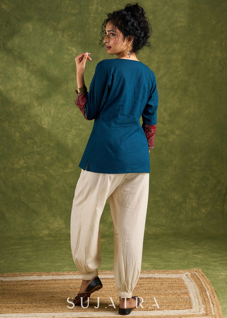 Trendy Teal Cotton Ajrakh Combination Top - Pant Optional