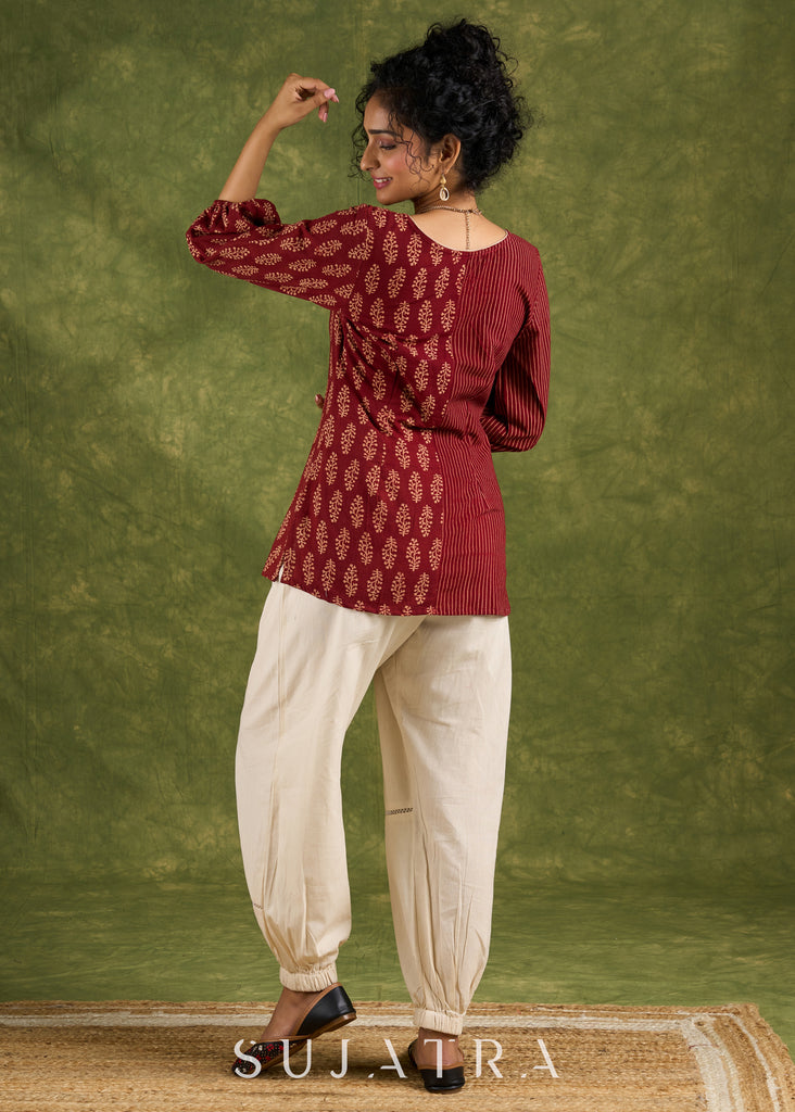 Elegant Maroon Cotton Ajrak Combination Top - Pant Optional