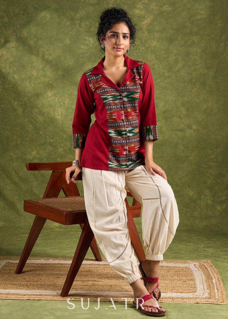 Exclusive Maroon Cotton Ikat Combination Top - Pant Optional