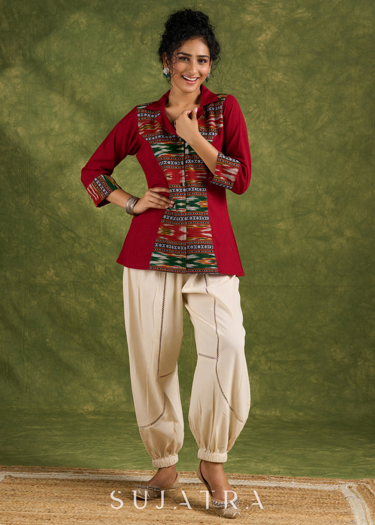 Exclusive Maroon Cotton Ikat Combination Top - Pant Optional