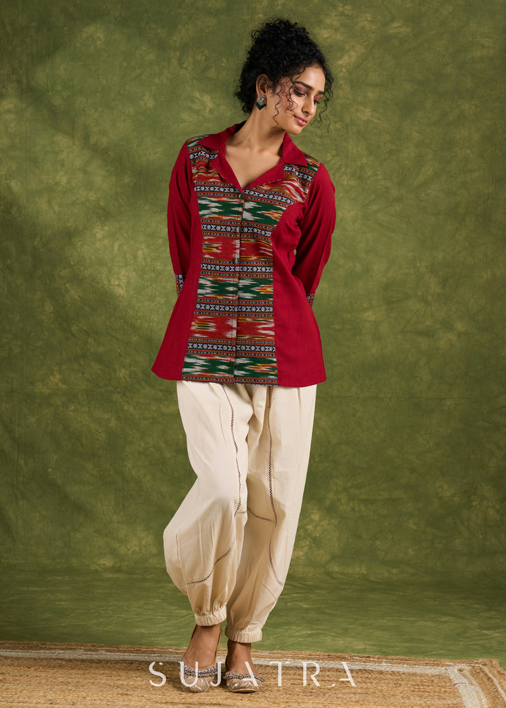 Exclusive Maroon Cotton Ikat Combination Top - Pant Optional