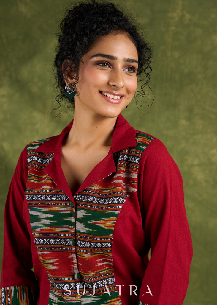 Exclusive Maroon Cotton Ikat Combination Top - Pant Optional