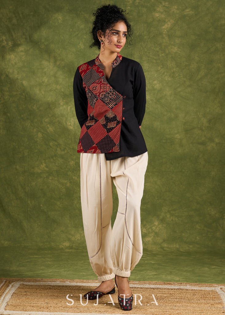 Trendy Black Ajrakh Patch Work Cotton Top - Pant Optional