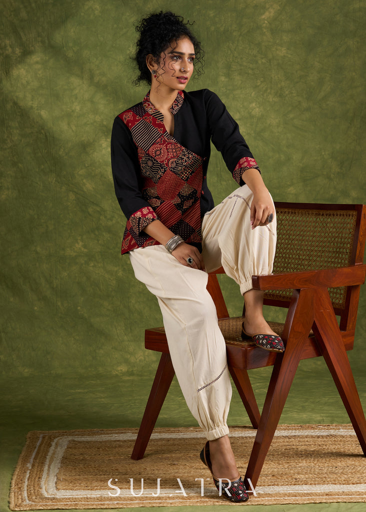 Trendy Black Ajrakh Patch Work Cotton Top - Pant Optional