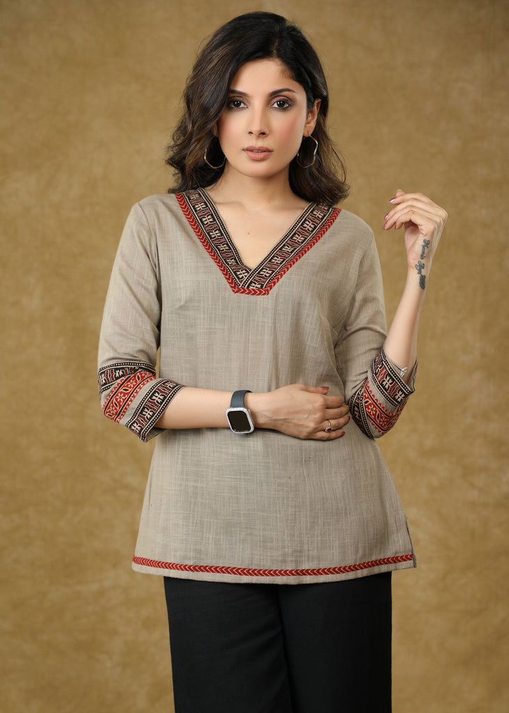 Elegant Grey Cotton Top with Ajrakh Combination on Sleeves & Neck