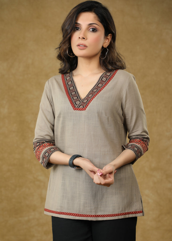 Elegant Grey Cotton Top with Ajrakh Combination on Sleeves & Neck