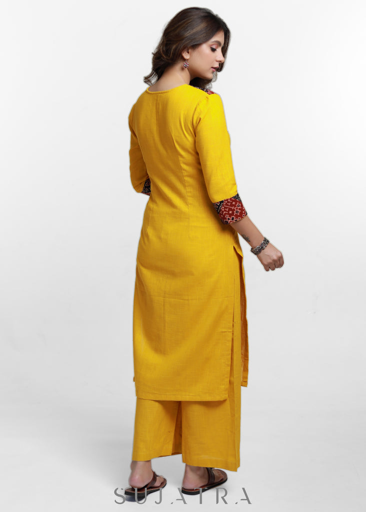 Mustard Cotton Ajrakh Patch Work Kurta-Pant Optional