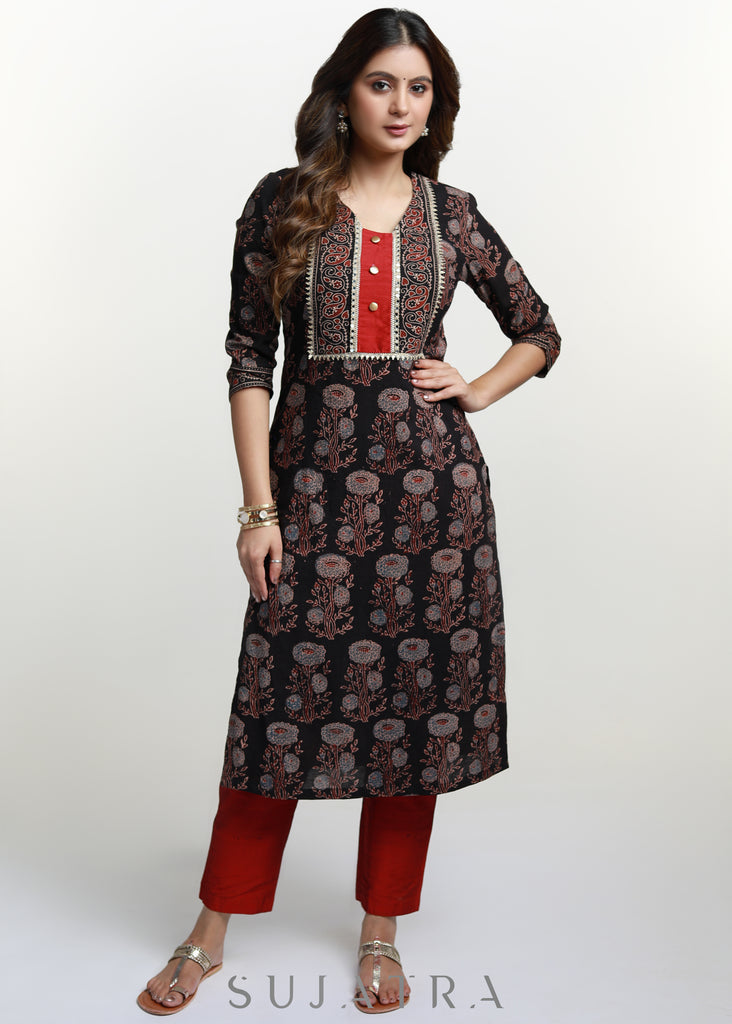 Black Cotton Ajrak Combination Kurta -Pant Optional