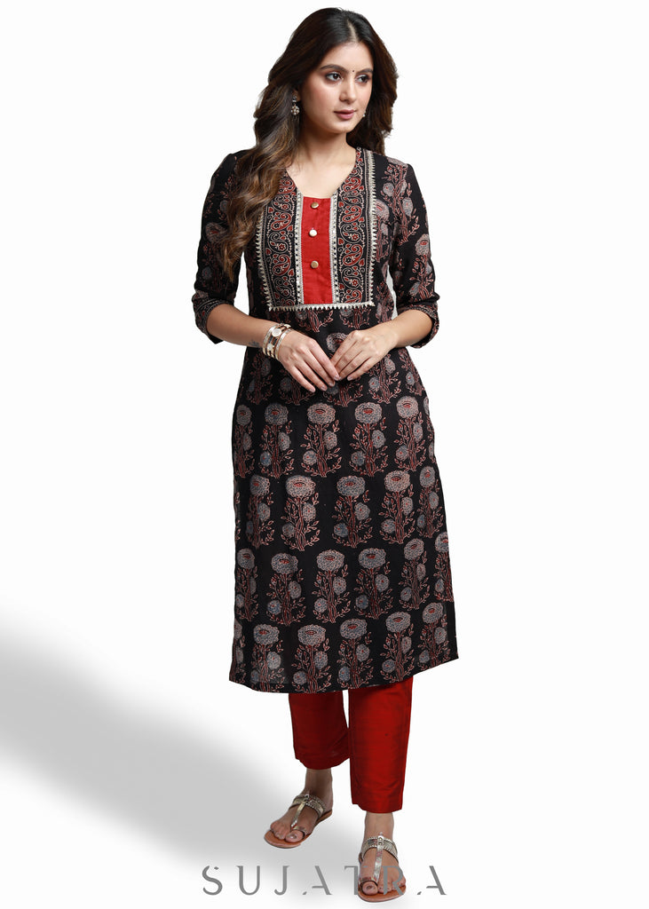 Black Cotton Ajrak Combination Kurta -Pant Optional