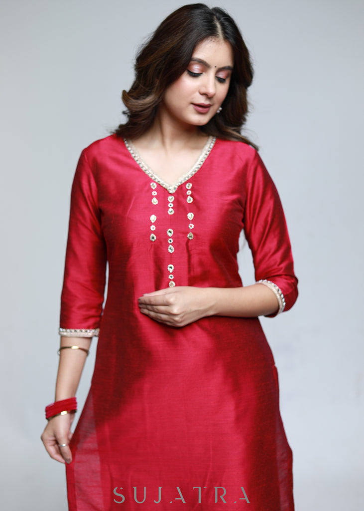 Magenta Cotton Silk Kurta With Handwork-Pant Optional