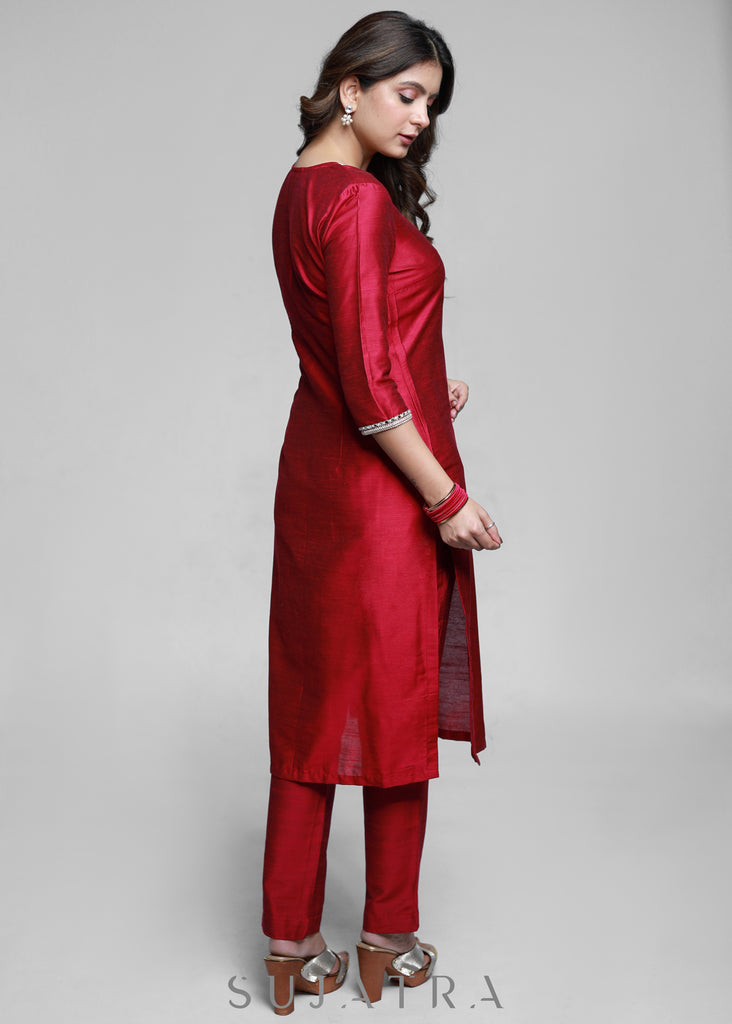 Magenta Cotton Silk Kurta With Handwork-Pant Optional