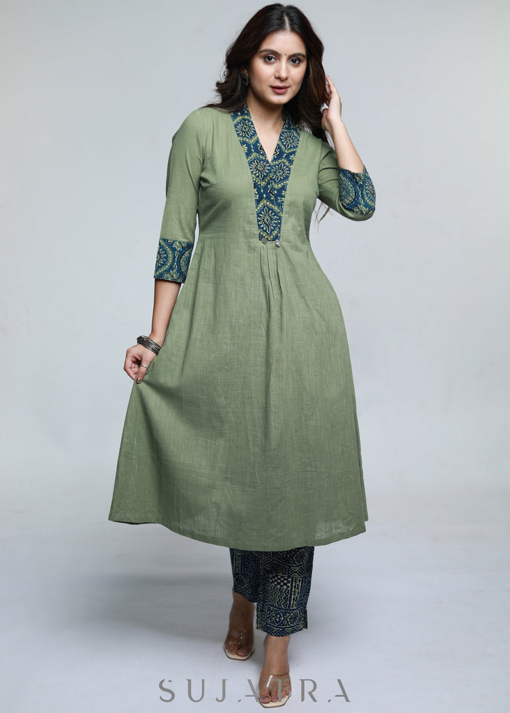 ON-SALE-pista-colour-cotton-a-line-kurta-with-ajrakh-combination-pant-optional