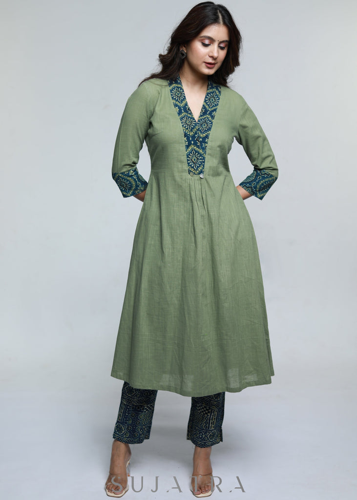 ON-SALE-pista-colour-cotton-a-line-kurta-with-ajrakh-combination-pant-optional