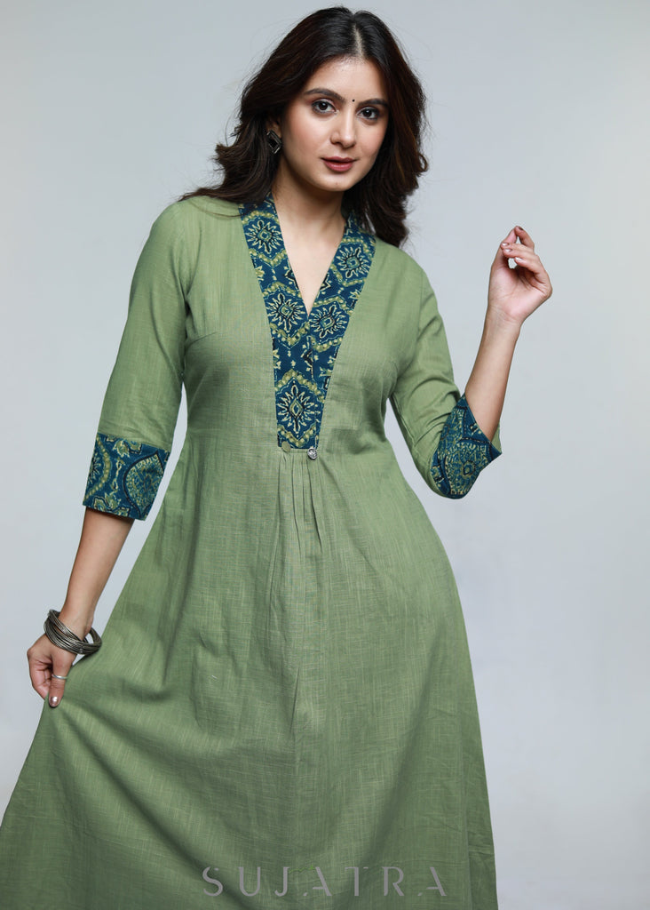 ON-SALE-pista-colour-cotton-a-line-kurta-with-ajrakh-combination-pant-optional