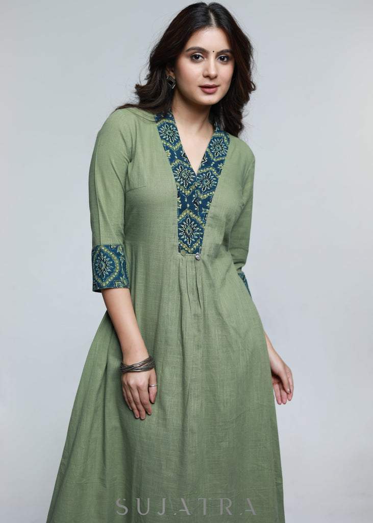 ON-SALE-pista-colour-cotton-a-line-kurta-with-ajrakh-combination-pant-optional