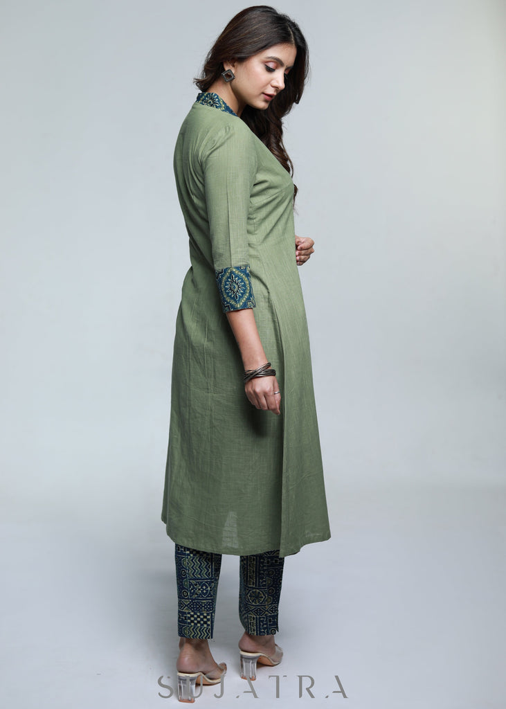 ON-SALE-pista-colour-cotton-a-line-kurta-with-ajrakh-combination-pant-optional