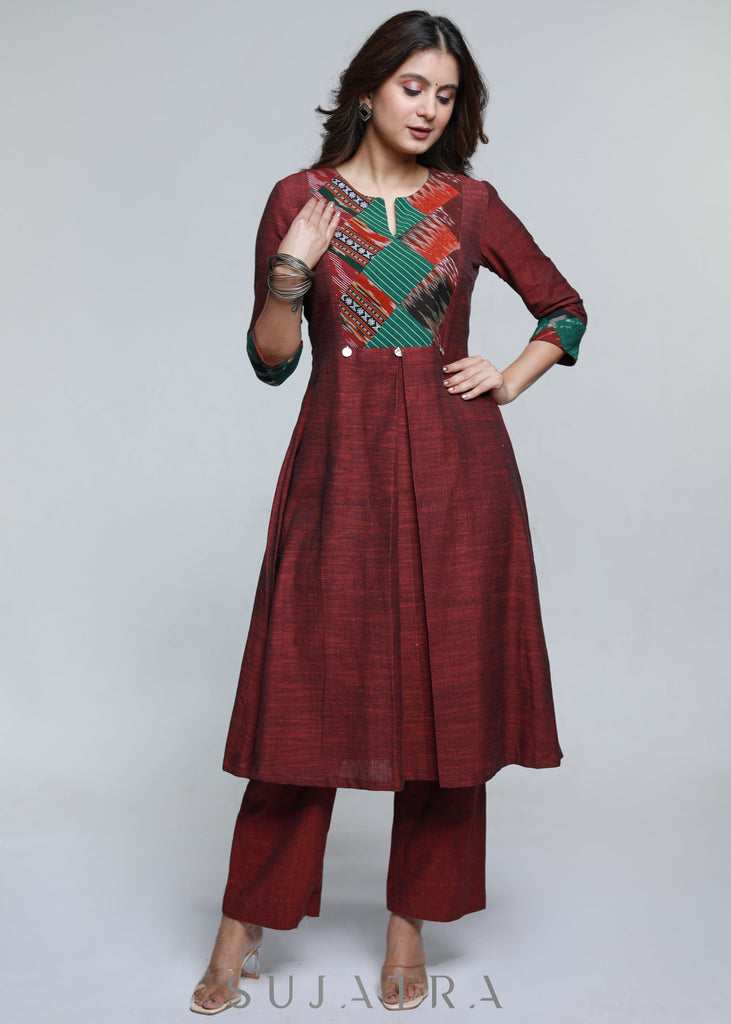 ON-SALE-maroon-pure-handloom-patch-work-kurta-pant-optional